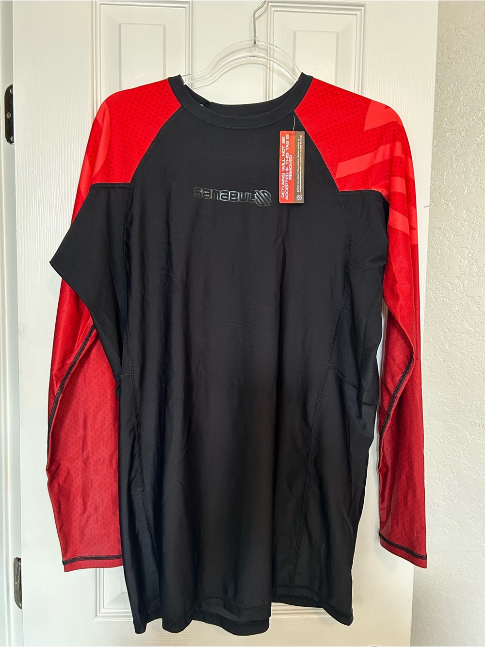 Men's Long Sleeve Rash Guard Swim Top - Black with Red Sleeves